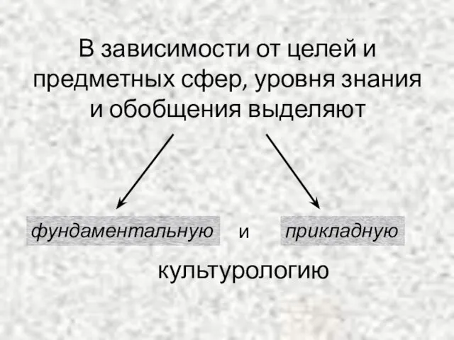 В зависимости от целей и предметных сфер, уровня знания и обобщения выделяют фундаментальную и культурологию прикладную