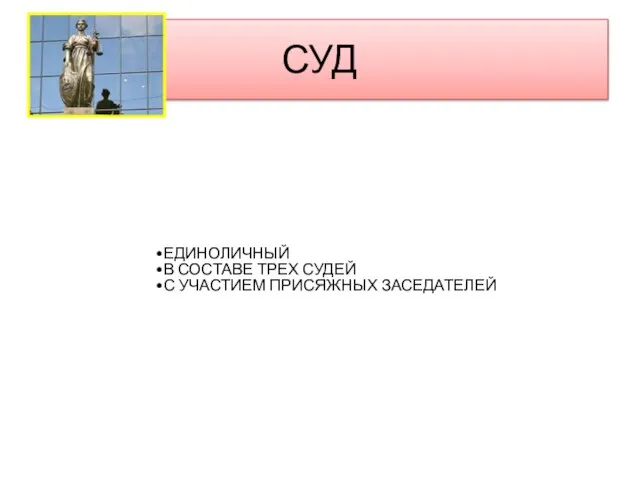 СУД ЕДИНОЛИЧНЫЙ В СОСТАВЕ ТРЕХ СУДЕЙ С УЧАСТИЕМ ПРИСЯЖНЫХ ЗАСЕДАТЕЛЕЙ