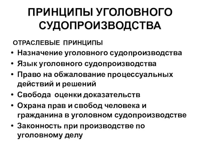 ПРИНЦИПЫ УГОЛОВНОГО СУДОПРОИЗВОДСТВА ОТРАСЛЕВЫЕ ПРИНЦИПЫ Назначение уголовного судопроизводства Язык уголовного судопроизводства