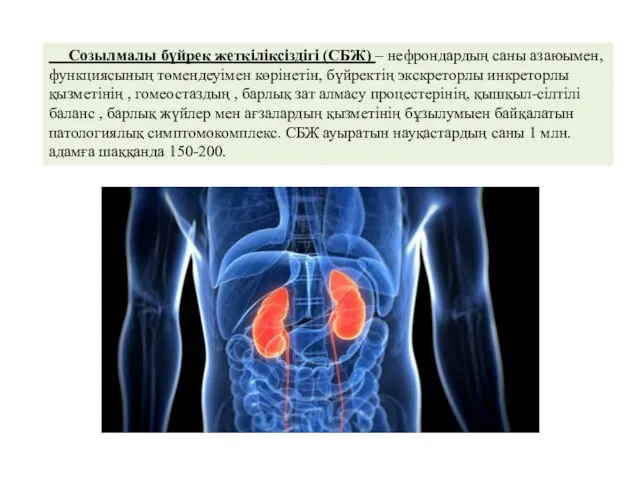 Созылмалы бүйрек жеткіліксіздігі (СБЖ) – нефрондардың саны азаюымен, функциясының төмендеуімен көрінетін,