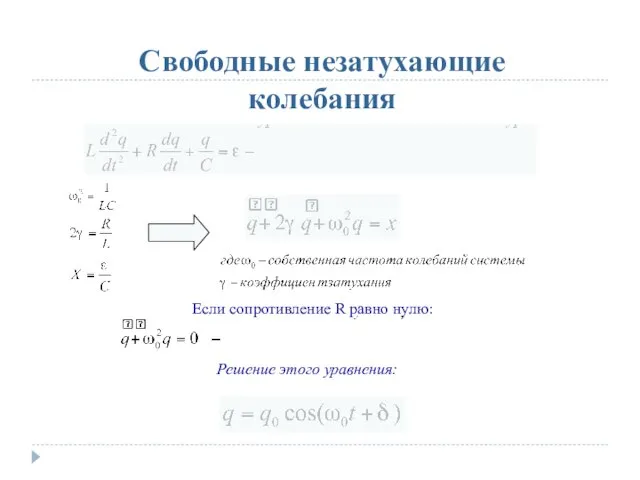 Свободные незатухающие колебания Если сопротивление R равно нулю: Решение этого уравнения: