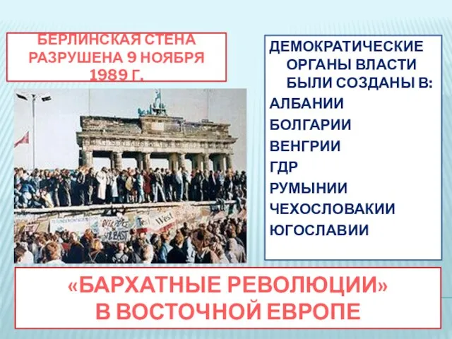 «БАРХАТНЫЕ РЕВОЛЮЦИИ» В ВОСТОЧНОЙ ЕВРОПЕ БЕРЛИНСКАЯ СТЕНА РАЗРУШЕНА 9 НОЯБРЯ 1989