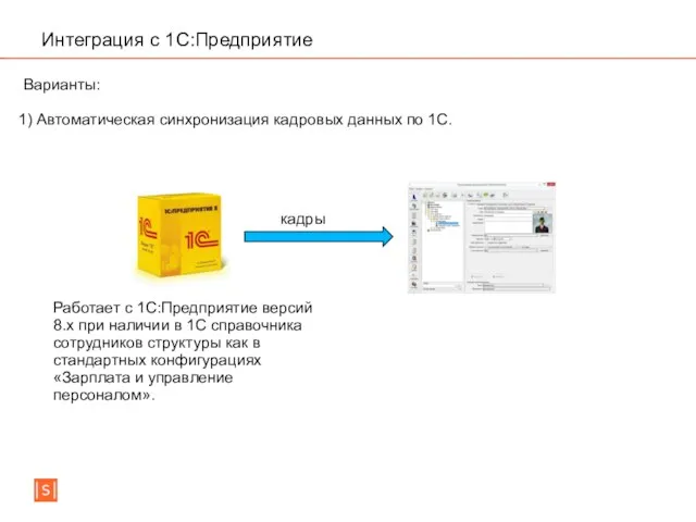 Интеграция с 1C:Предприятие 1) Автоматическая синхронизация кадровых данных по 1С. Варианты: