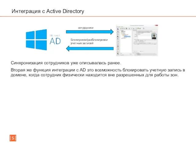 Интеграция с Active Directory сотрудники Блокировки/разблокировки учетных записей Синхронизация сотрудников уже