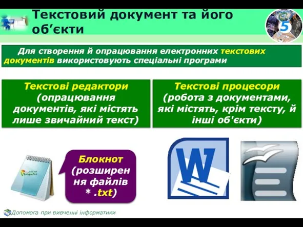 Текстовий документ та його об’єкти Блокнот (розширення файлів * .txt) Для