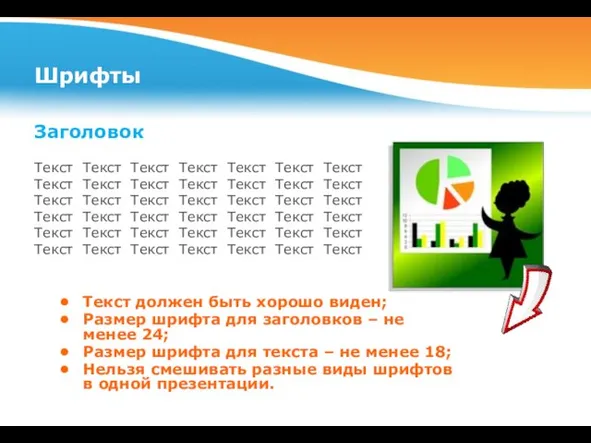 Шрифты Текст должен быть хорошо виден; Размер шрифта для заголовков –