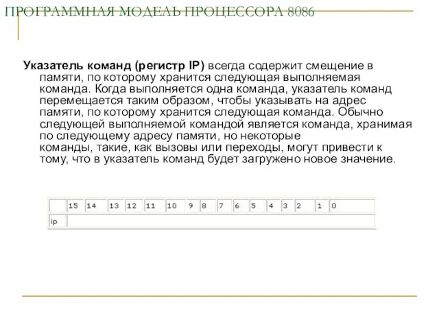 ПРОГРАММНАЯ МОДЕЛЬ ПРОЦЕССОРА 8086 Указатель команд (регистр IP) всегда содержит смещение