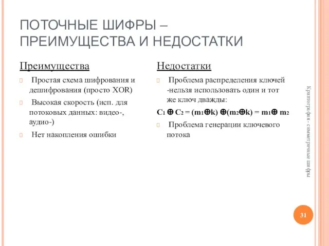 ПОТОЧНЫЕ ШИФРЫ – ПРЕИМУЩЕСТВА И НЕДОСТАТКИ Преимущества Простая схема шифрования и