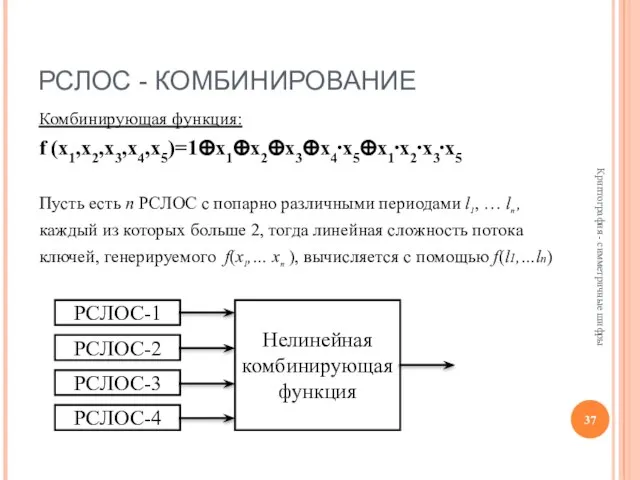 РСЛОС - КОМБИНИРОВАНИЕ Комбинирующая функция: f (x1,x2,x3,x4,x5)=1⊕x1⊕x2⊕x3⊕x4⋅x5⊕x1⋅x2⋅x3⋅x5 Пусть есть n РСЛОС