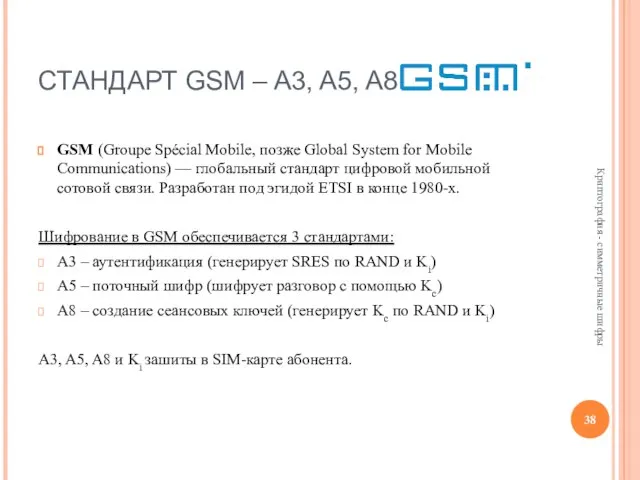 СТАНДАРТ GSM – A3, A5, A8 GSM (Groupe Spécial Mobile, позже