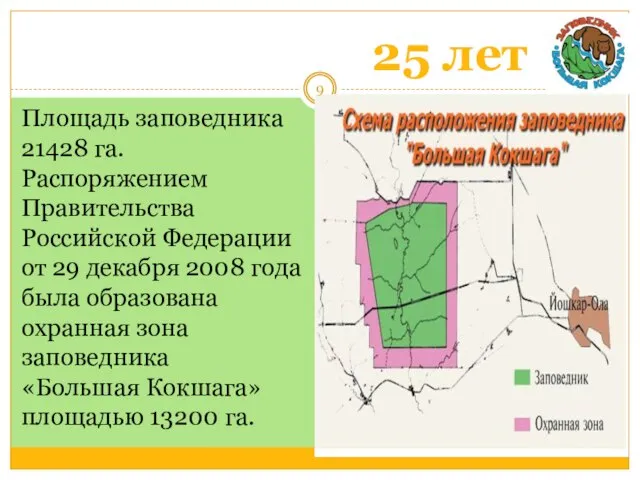 25 лет Площадь заповедника 21428 га. Распоряжением Правительства Российской Федерации от