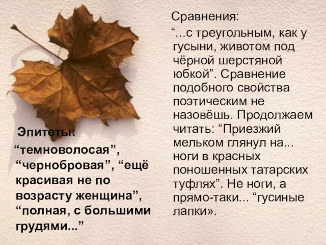 Эпитеты: “темноволосая”, “чернобровая”, “ещё красивая не по возрасту женщина”, “полная, с