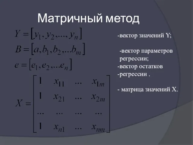 Матричный метод вектор значений Y; -вектор параметров регрессии; вектор остатков регрессии . матрица значений X.