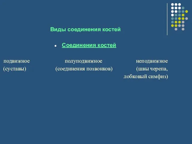 Виды соединения костей Соединения костей подвижное полуподвижное неподвижное (суставы) (соединения позвонков) (швы черепа, лобковый симфиз)