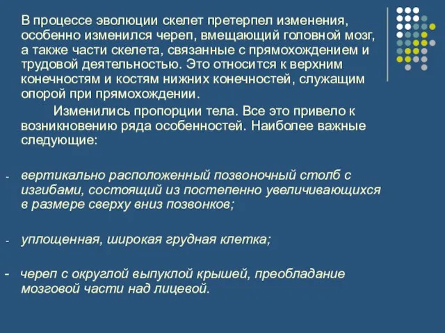 В процессе эволюции скелет претерпел изменения, особенно изменился череп, вмещающий головной