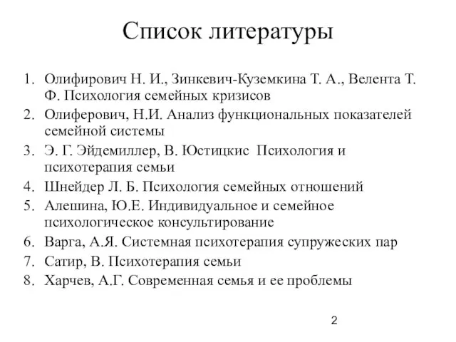 Список литературы Олифирович Н. И., Зинкевич-Куземкина Т. А., Велента Т.Ф. Психология