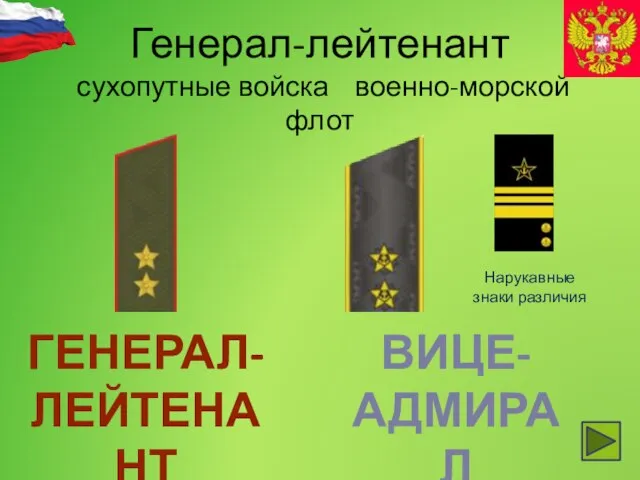 Генерал-лейтенант сухопутные войска военно-морской флот Нарукавные знаки различия ГЕНЕРАЛ- ЛЕЙТЕНАНТ ВИЦЕ- АДМИРАЛ