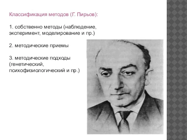 Классификация методов (Г. Пирьов): 1. собственно методы (наблюдение, эксперимент, моделирование и