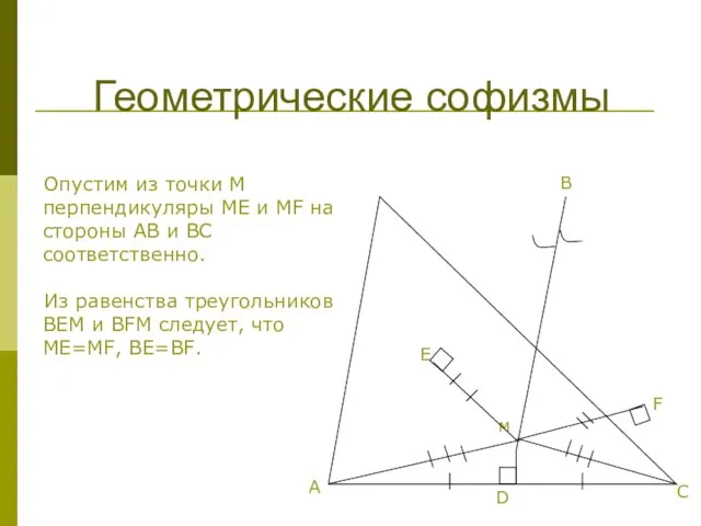 Геометрические софизмы Опустим из точки М перпендикуляры МЕ и MF на