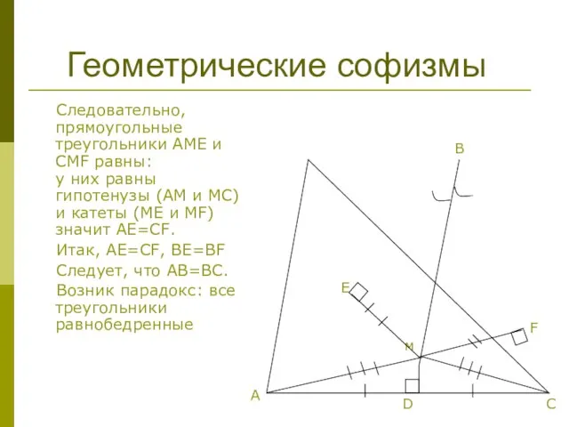 Геометрические софизмы Следовательно, прямоугольные треугольники АМЕ и CMF равны: у них