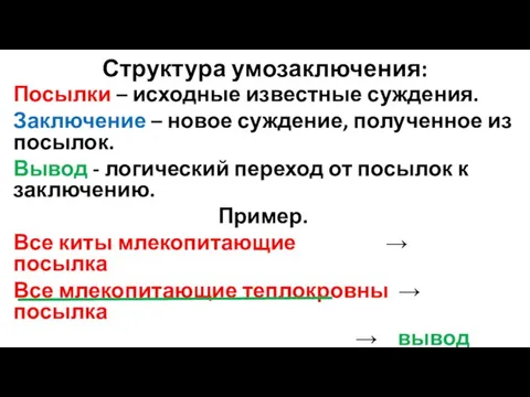 Структура умозаключения: Посылки – исходные известные суждения. Заключение – новое суждение,