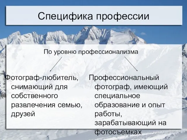 Специфика профессии Профессиональный фотограф, имеющий специальное образование и опыт работы, зарабатывающий