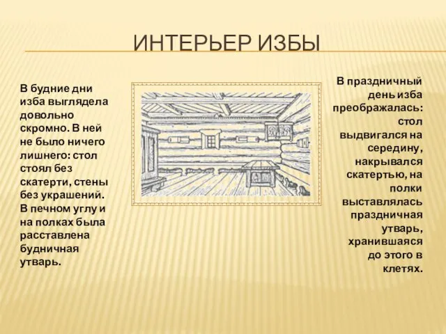 ИНТЕРЬЕР ИЗБЫ В будние дни изба выглядела довольно скромно. В ней