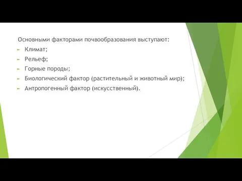 Основными факторами почвообразования выступают: Климат; Рельеф; Горные породы; Биологический фактор (растительный