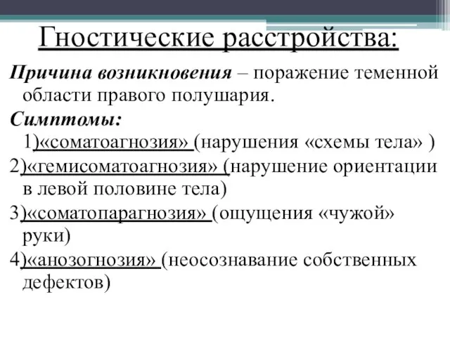 Причина возникновения – поражение теменной области правого полушария. Симптомы: 1)«соматоагнозия» (нарушения