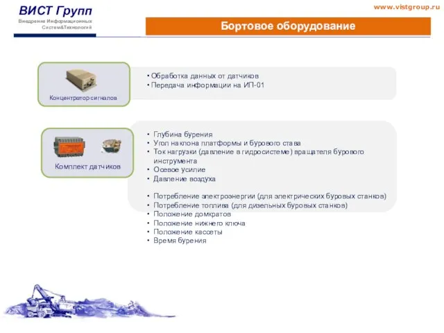 Комплект датчиков Глубина бурения Угол наклона платформы и бурового става Ток