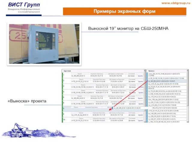 Примеры экранных форм Выносной 19’’ монитор на СБШ-250МНА «Выноска» проекта