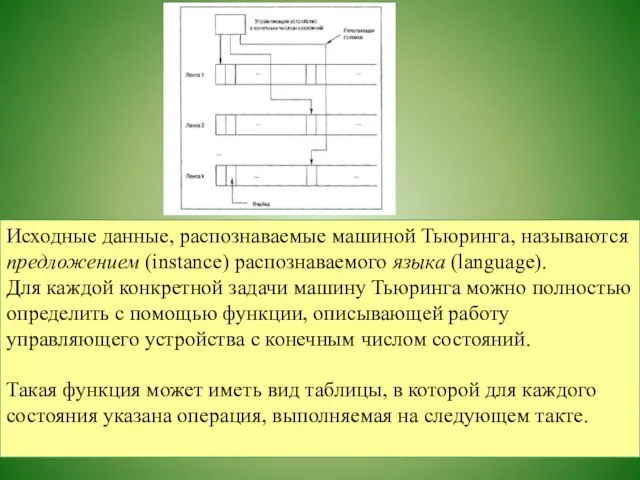 Исходные данные, распознаваемые машиной Тьюринга, называются предложением (instance) распознаваемого языка (language).