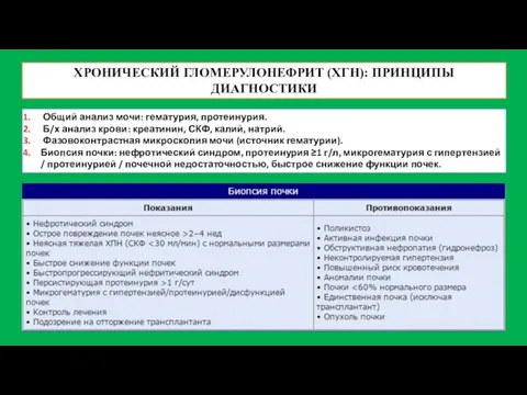 ХРОНИЧЕСКИЙ ГЛОМЕРУЛОНЕФРИТ (ХГН): ПРИНЦИПЫ ДИАГНОСТИКИ Общий анализ мочи: гематурия, протеинурия. Б/х