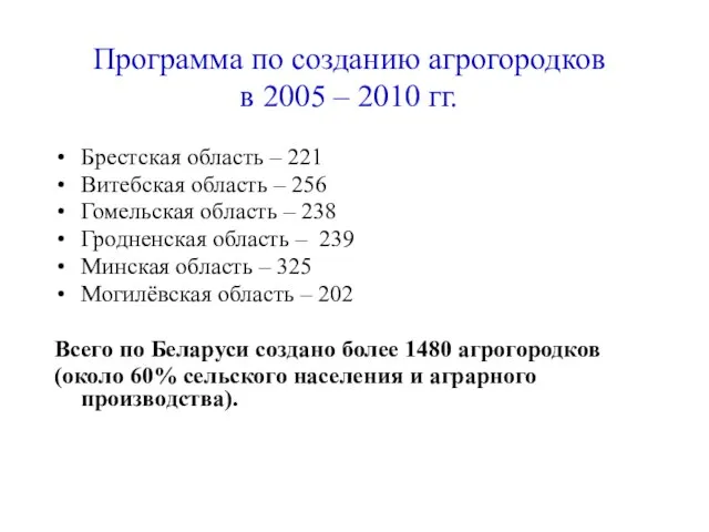 Программа по созданию агрогородков в 2005 – 2010 гг. Брестская область