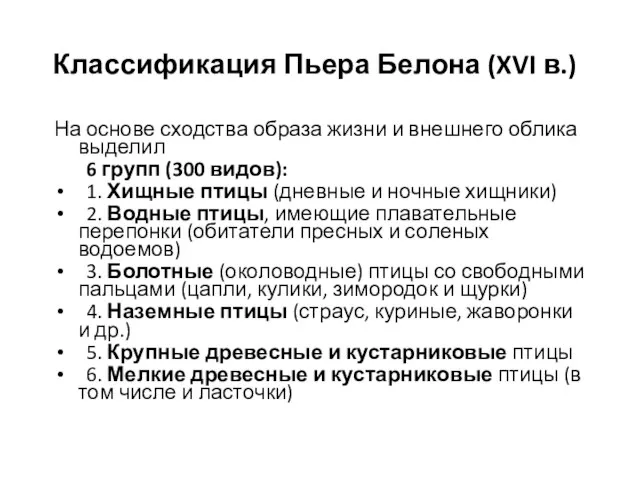 Классификация Пьера Белона (XVI в.) На основе сходства образа жизни и