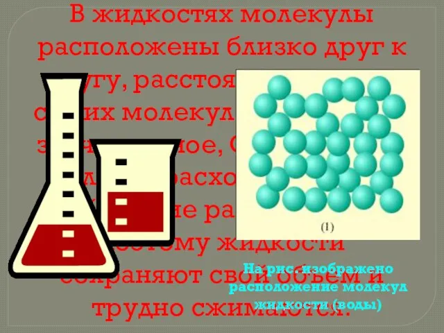 В жидкостях молекулы расположены близко друг к другу, расстояние меньше самих