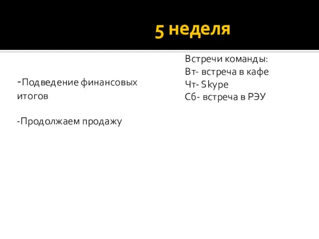 5 неделя -Подведение финансовых итогов -Продолжаем продажу Встречи команды: Вт- встреча