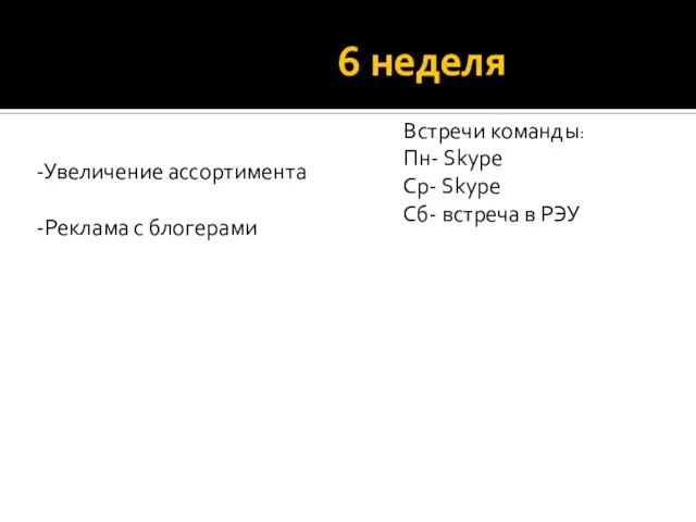 6 неделя -Увеличение ассортимента -Реклама с блогерами Встречи команды: Пн- Skype