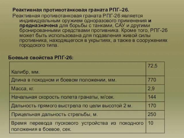 Реактивная противотанковая граната РПГ–26. Реактивная противотанковая граната РПГ-26 является индивидуальным оружием