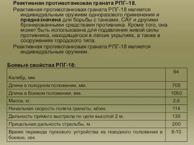 Реактивная противотанковая граната РПГ–18. Реактивная противотанковая граната РПГ-18 является индивидуальным оружием