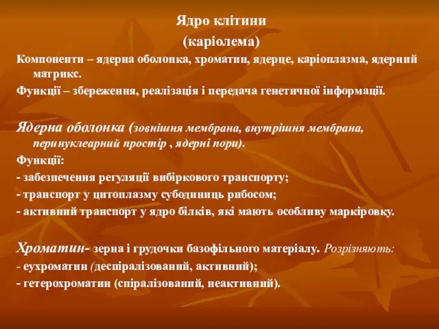 Ядро клітини (каріолема) Компоненти – ядерна оболонка, хроматин, ядерце, каріоплазма, ядерний