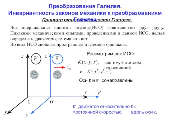 Принцип относительности Галилея. Все инерциальные системы отсчета(ИСО) эквивалентны друг другу. Никакими