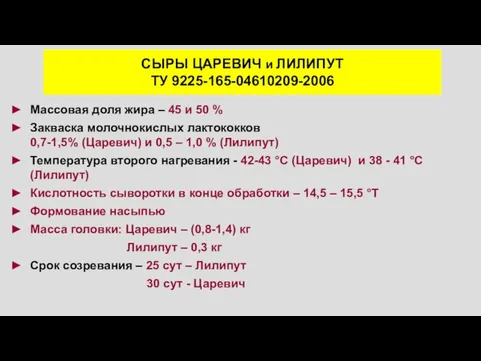 СЫРЫ ЦАРЕВИЧ и ЛИЛИПУТ ТУ 9225-165-04610209-2006 Массовая доля жира – 45