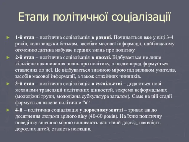 Етапи політичної соціалізації 1-й етап – політична соціалізація в родині. Починається