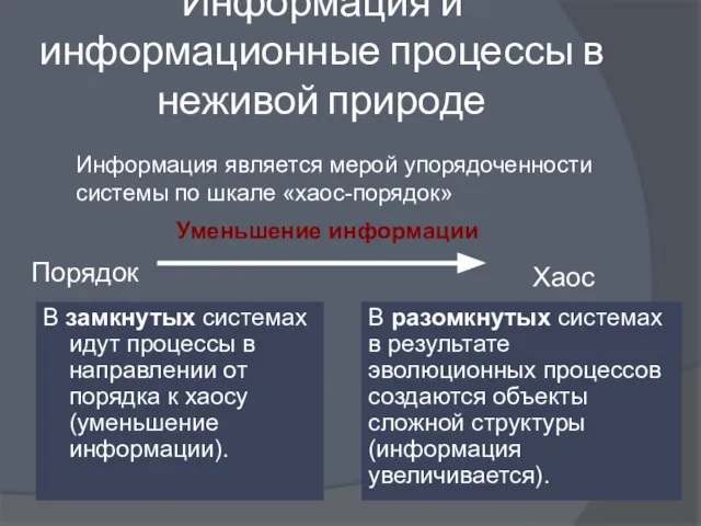 Информация и информационные процессы в неживой природе В замкнутых системах идут