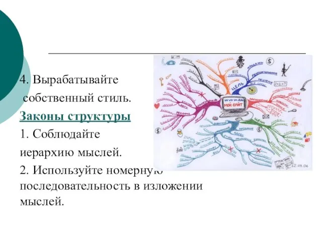 4. Вырабатывайте собственный стиль. Законы структуры 1. Соблюдайте иерархию мыслей. 2.