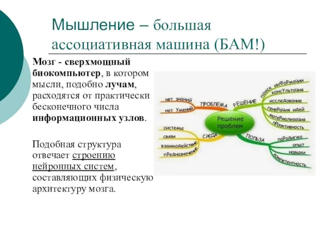 Мышление – большая ассоциативная машина (БАМ!) Мозг - сверхмощный биокомпьютер, в