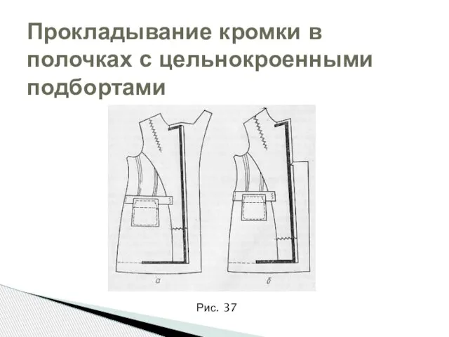 Прокладывание кромки в полочках с цельнокроенными подбортами Рис. 37