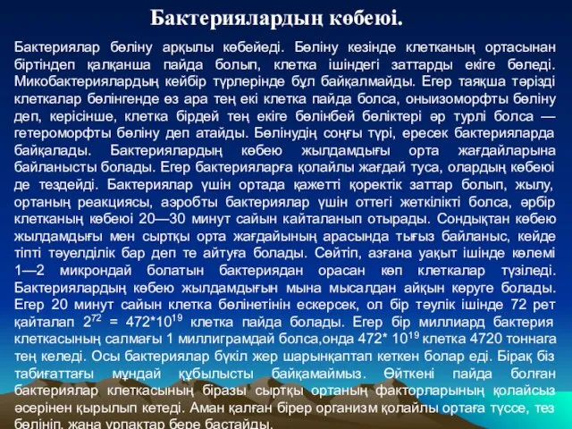 Бактериялардың көбеюі. Бактериялар бөліну арқылы көбейеді. Бөліну кезінде клетканың ортасынан біртіндеп