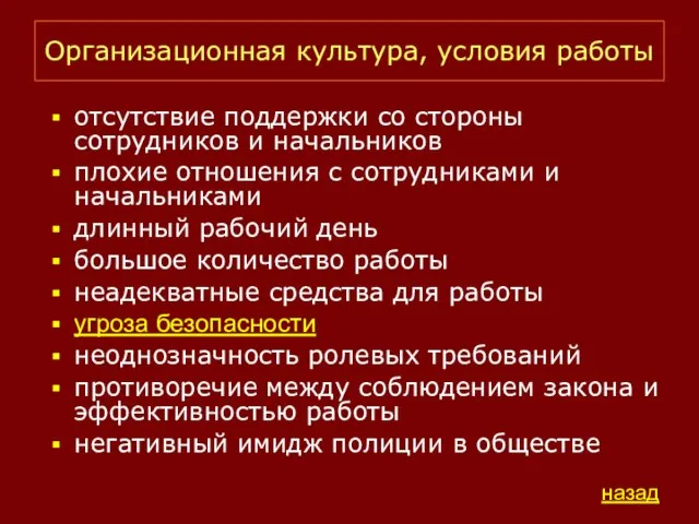 Организационная культура, условия работы отсутствие поддержки со стороны сотрудников и начальников